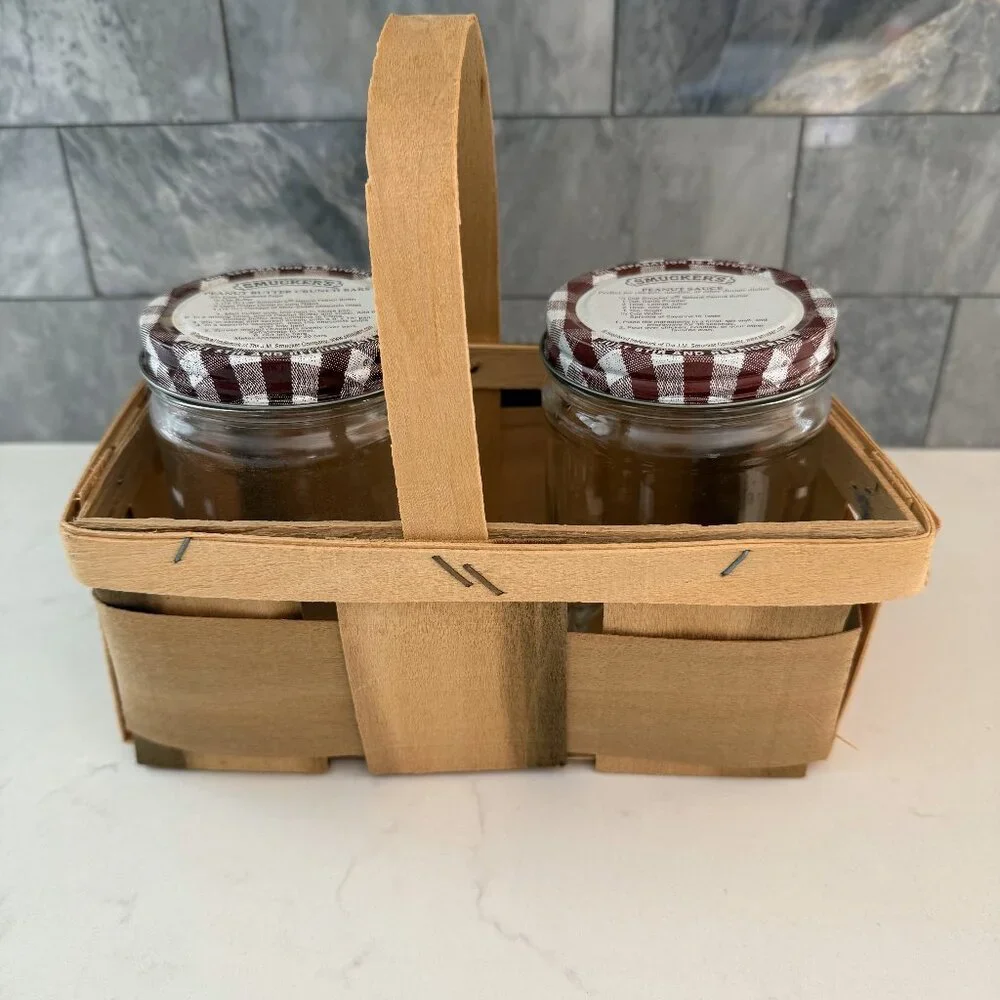 Vintage Farmhouse Split Slat Wood Woven Basket w Handle & 2 Smuckers 16 oz Jars